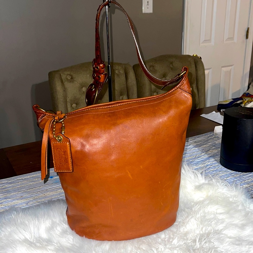 Coach XL Bleecker Tattersall Burnished leather bucket duffle bag, Cognac